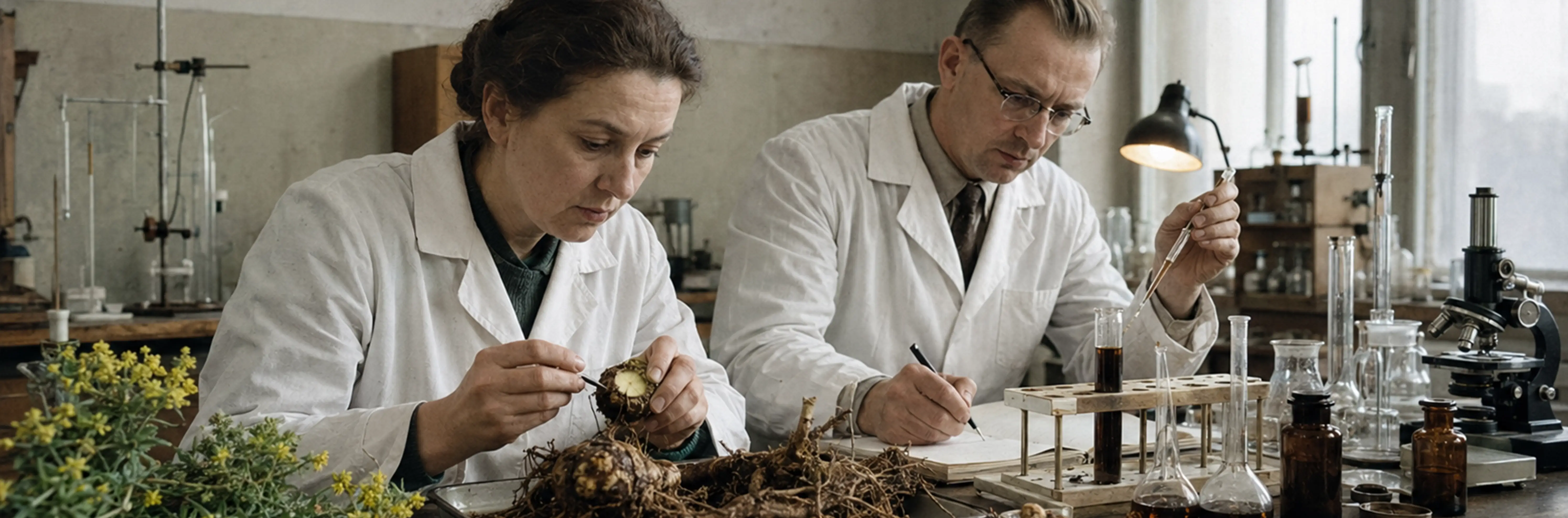 Archival Soviet-era laboratory scene representing early adaptogen research