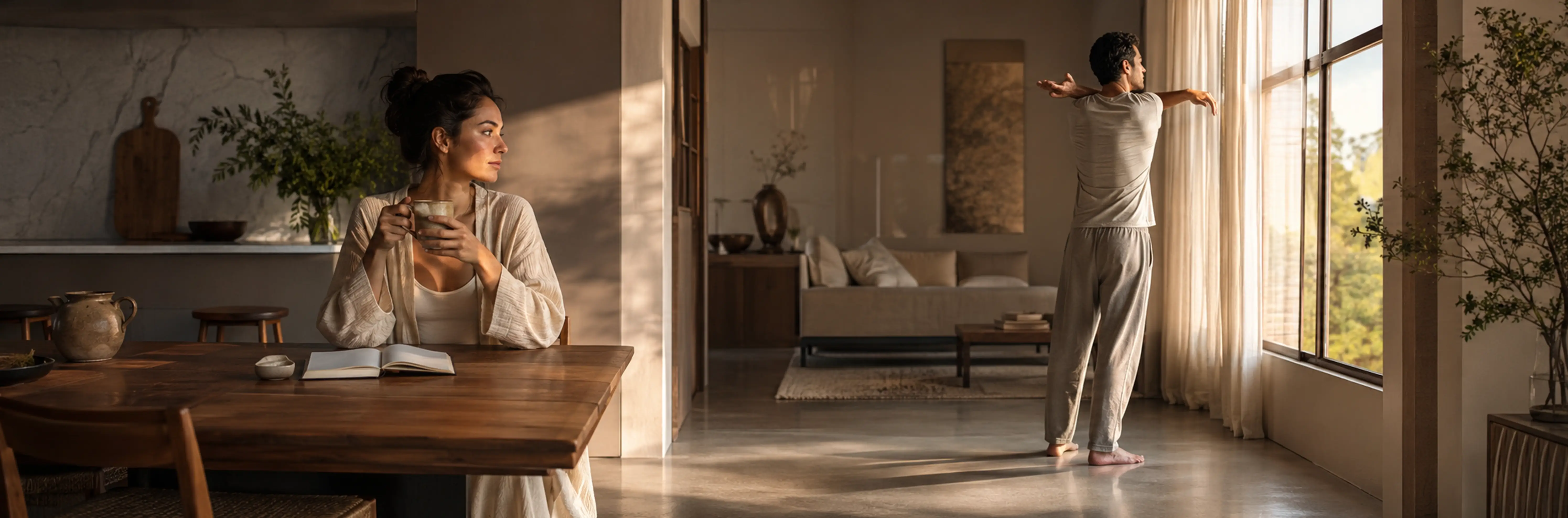 A woman sipping tea at a table while a man stretches by a sunlit window