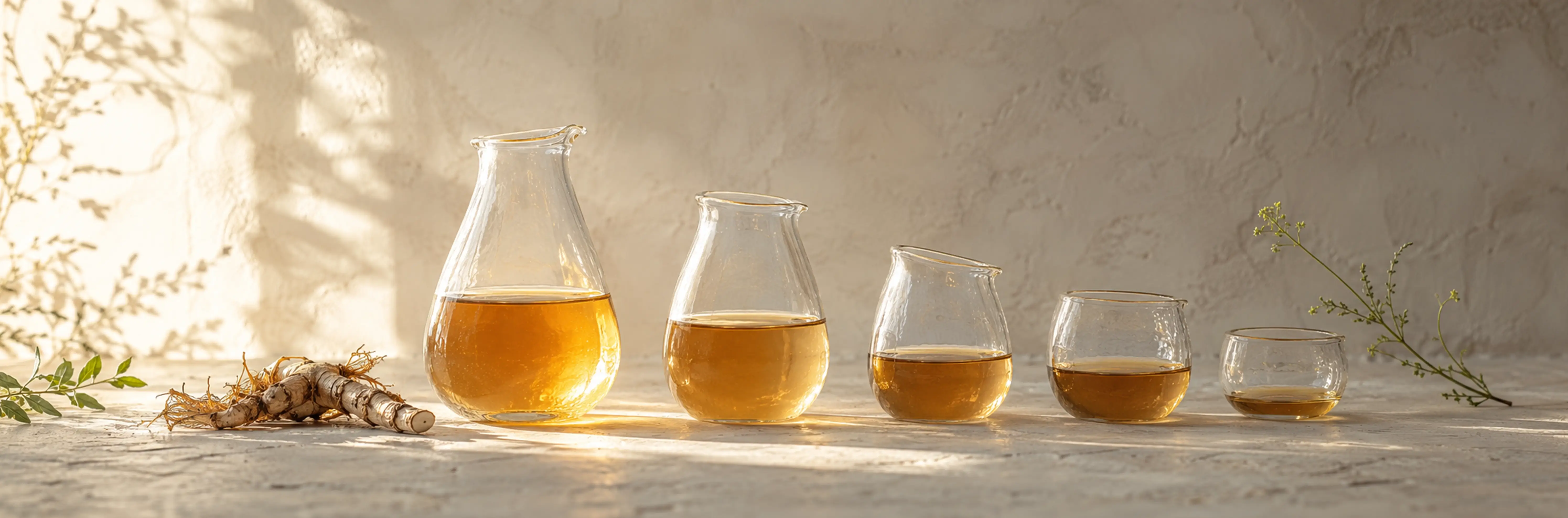 A row of glass vessels filled with golden liquid beside a dried root and a green botanical sprig